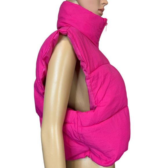 Women Light Vest Large Magenta-Pink Full Zipper Turtleneck Waist Drawstring - Picture 3 of 10